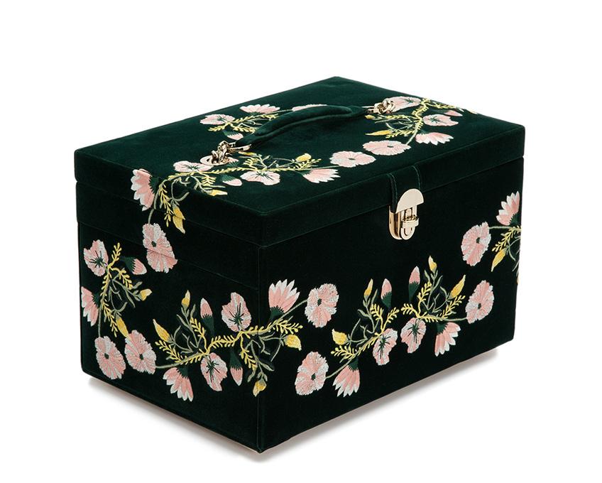 WOLF Zoe Large Jewelry Case Forest Green Velvet Floral Embroidery 393012