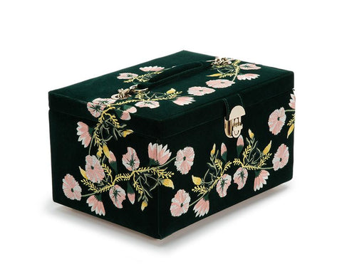 WOLF Zoe Medium Jewelry Case Forest Green Velvet Floral Embroidery 393112