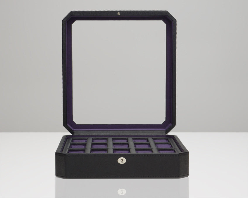 WOLF Windsor 15 Piece Black - Purple Leather Watch Box 458503