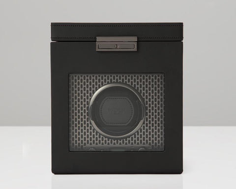 WOLF Axis Black Powder Coat Metal Plating Single Watch Winder With Storage 469203