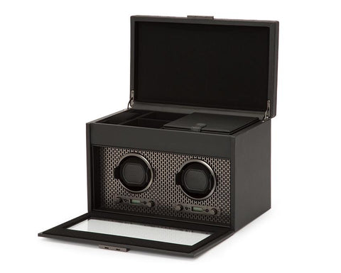 WOLF Axis Black Powder Coat Metal Plated Double Watch Winder With Storage 469303