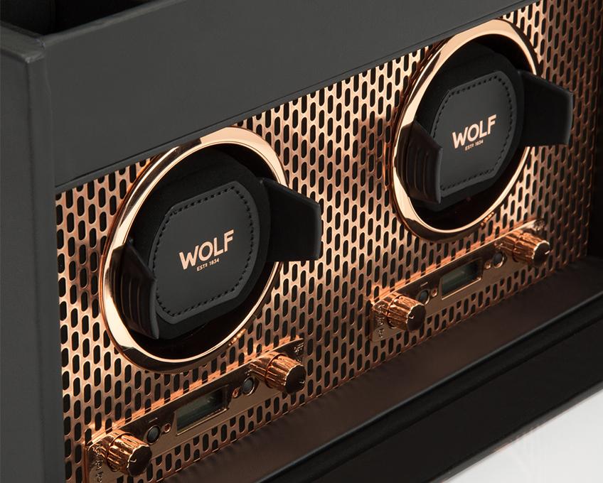 WOLF Axis Copper Metal Plated Double Watch Winder With Storage 469316