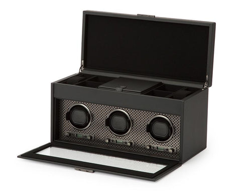 WOLF Axis Black Powder Coat Metal Plated Triple Watch Winder With Storage 469403