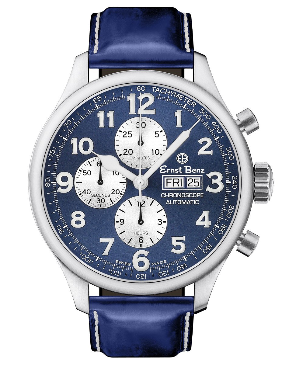Ernst Benz ChronoScope 47mm Automatic Swiss Chronograph Blue Dial Blue Leather Band Men's Watch GC10114