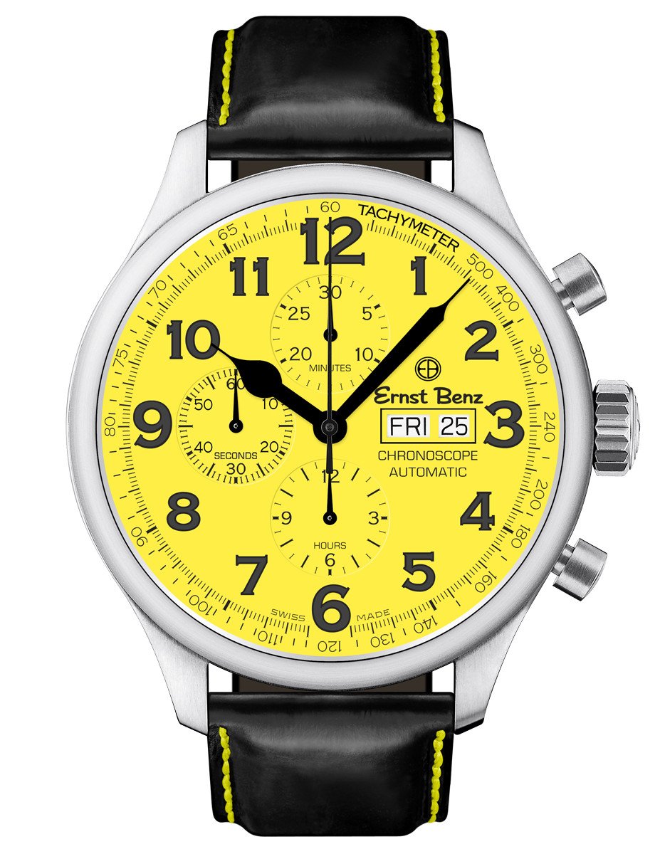 Ernst Benz GC10119 Men's Watch Yellow Dial 47mm Traditional Chronograph Black Handmade Strap