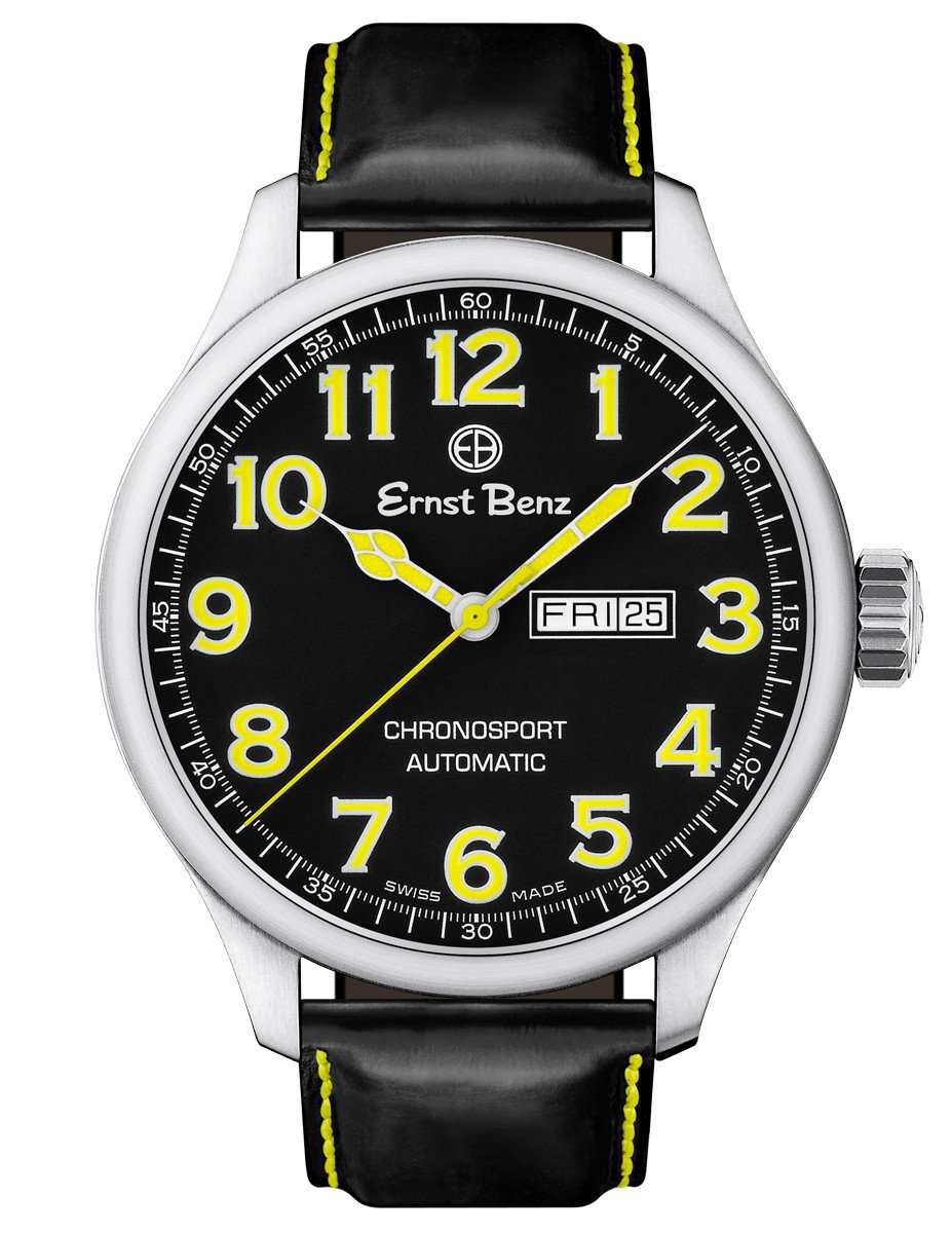 Ernst Benz Chronosport Automatic Yellow Numerals Black Dial 47mm Men's Watch GC10217