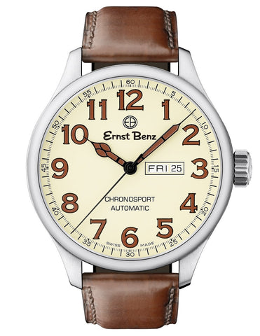 Ernst Benz Chronosport Parchment Dial Brown Leather Band 47mm Men's Automatic Watch GC10218