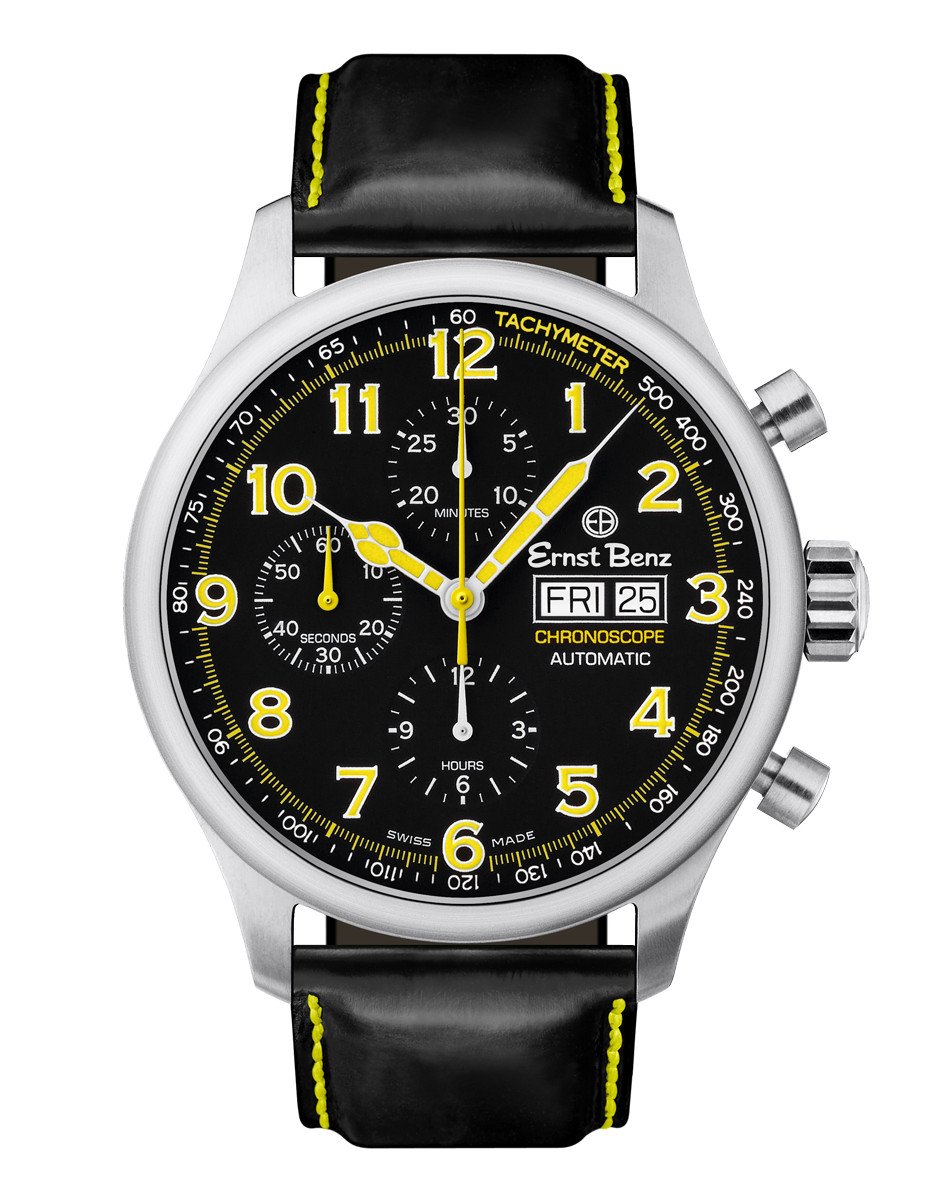 Ernst Benz Chronoscope 44mm Black - Yellow Chronograph Men's Watch GC40117