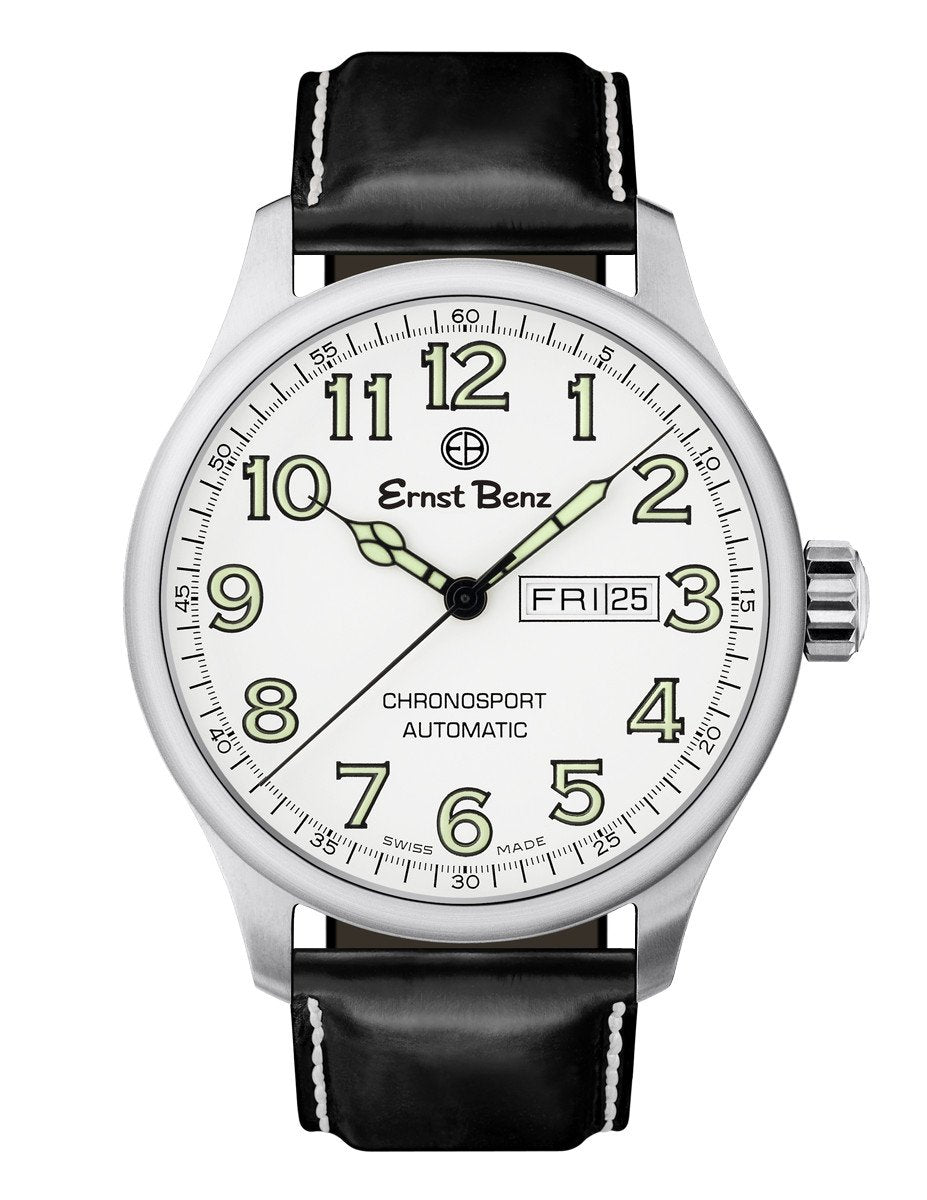 Ernst Benz Chronosport Traditional Swiss Automatic White Dial Green Numerals 44mm Men's Watch GC40212