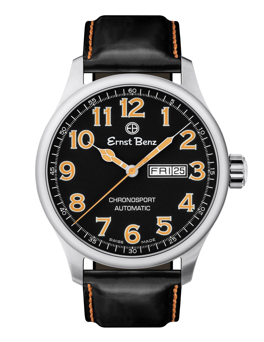 Ernst Benz Chronosport Orange Numerals Black Leather Band 44mm Men's Automatic Watch GC40216