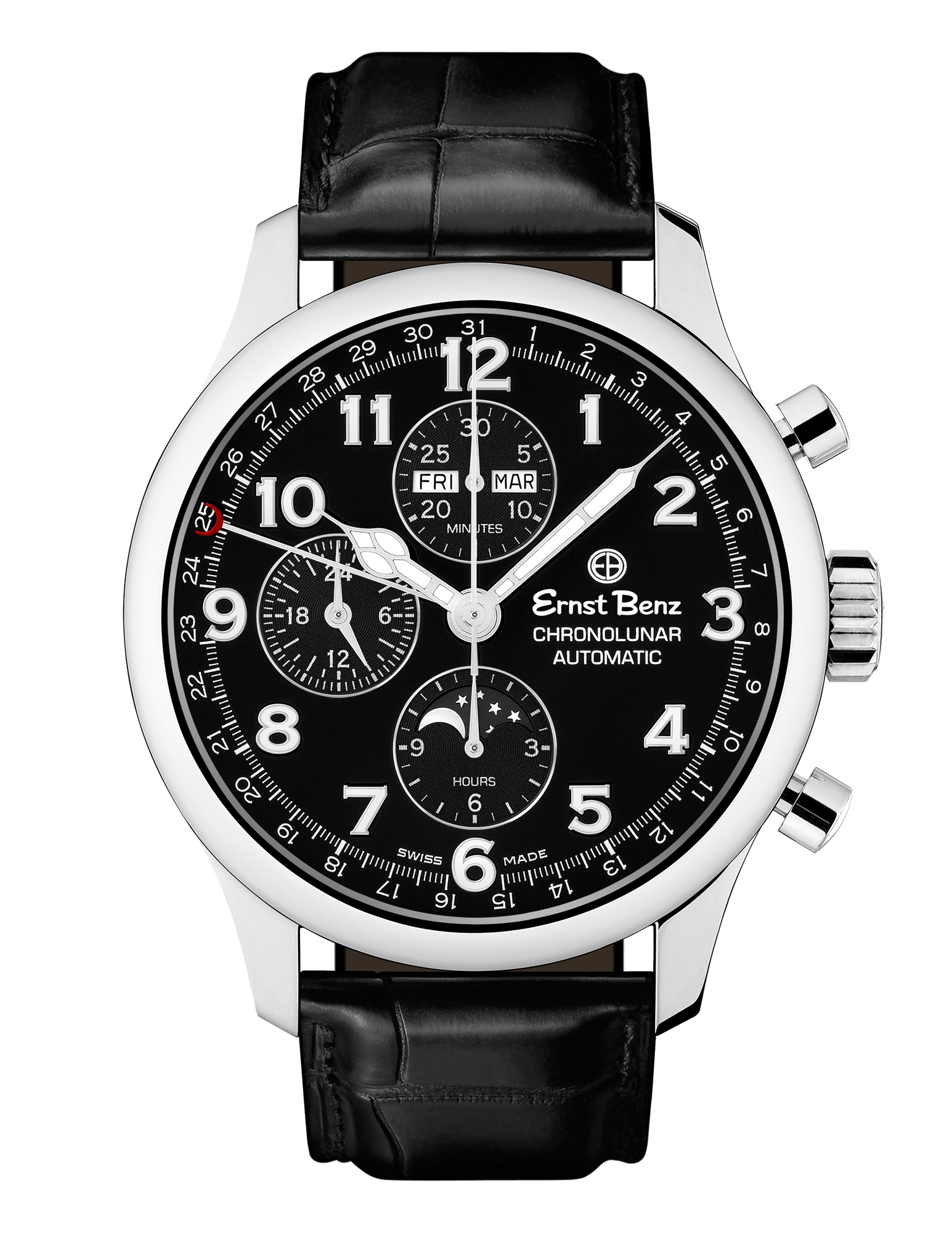 Ernst Benz Chronolunar Officer 44mm Steel Hands Black Dial Men's Watch GC40381
