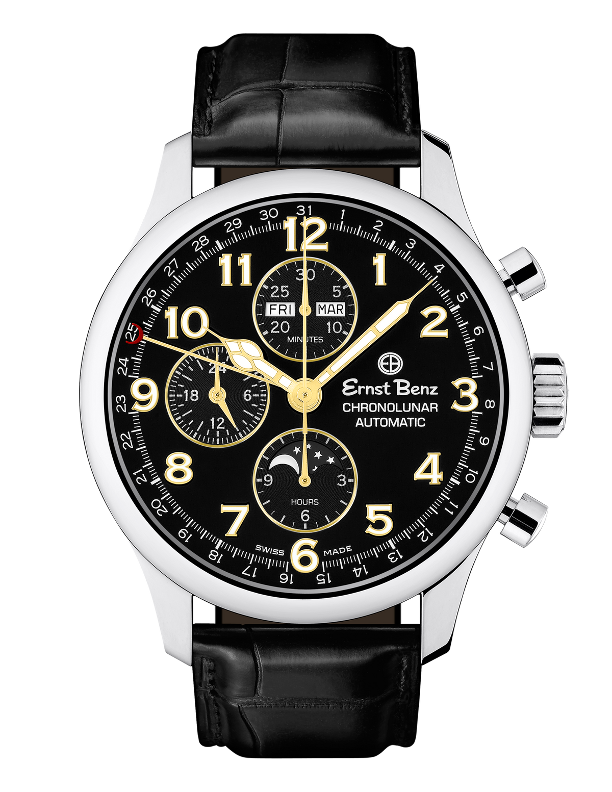 Ernst Benz Chronolunar Officer 44mm Black Dial Gold Hands Men's Watch GC40383
