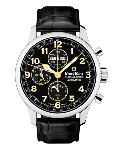 Ernst Benz Chronolunar Officer 44mm Black Dial Gold Hands Men's Watch GC40383